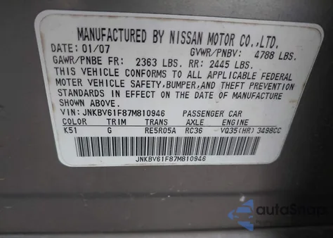 2007 Infiniti G35X from USA, damaged, VIN JNKBV61F87M810946